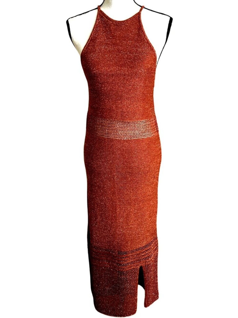 Mohito S Knit Dress Midi Maxi Copper Brown Coastal Chic Semi Sheer Mesh New